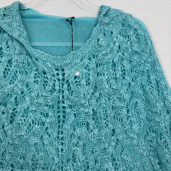New BCBGMaxAzria Blue Turquoise Mixed Media Boho Crochet Chiffon Poncho Top XL - Picture 4 of 12